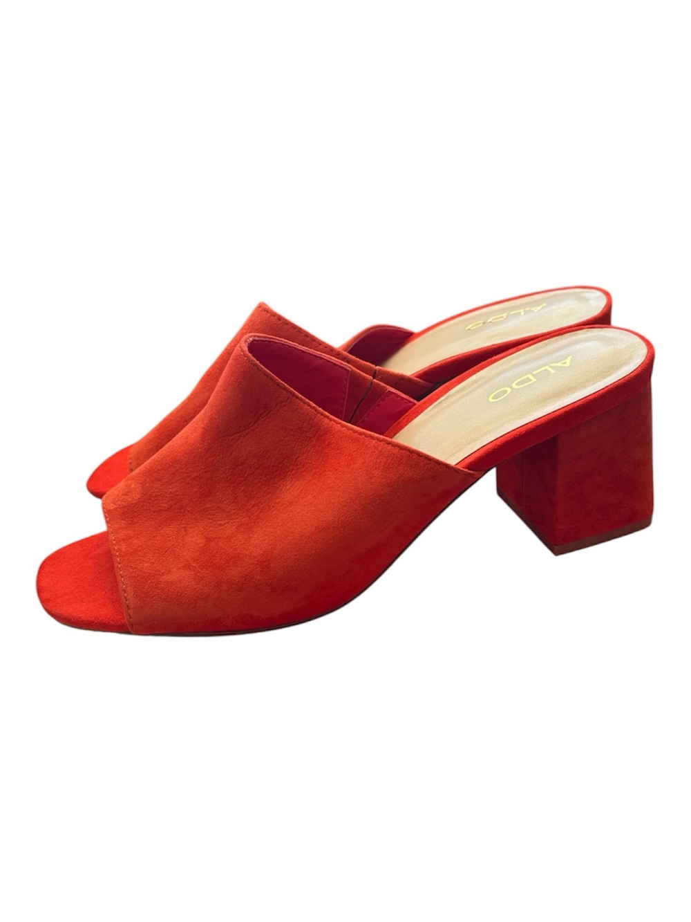 ALDO Orange Suede Open-Toe Block Heel Mules, Size 7.5
